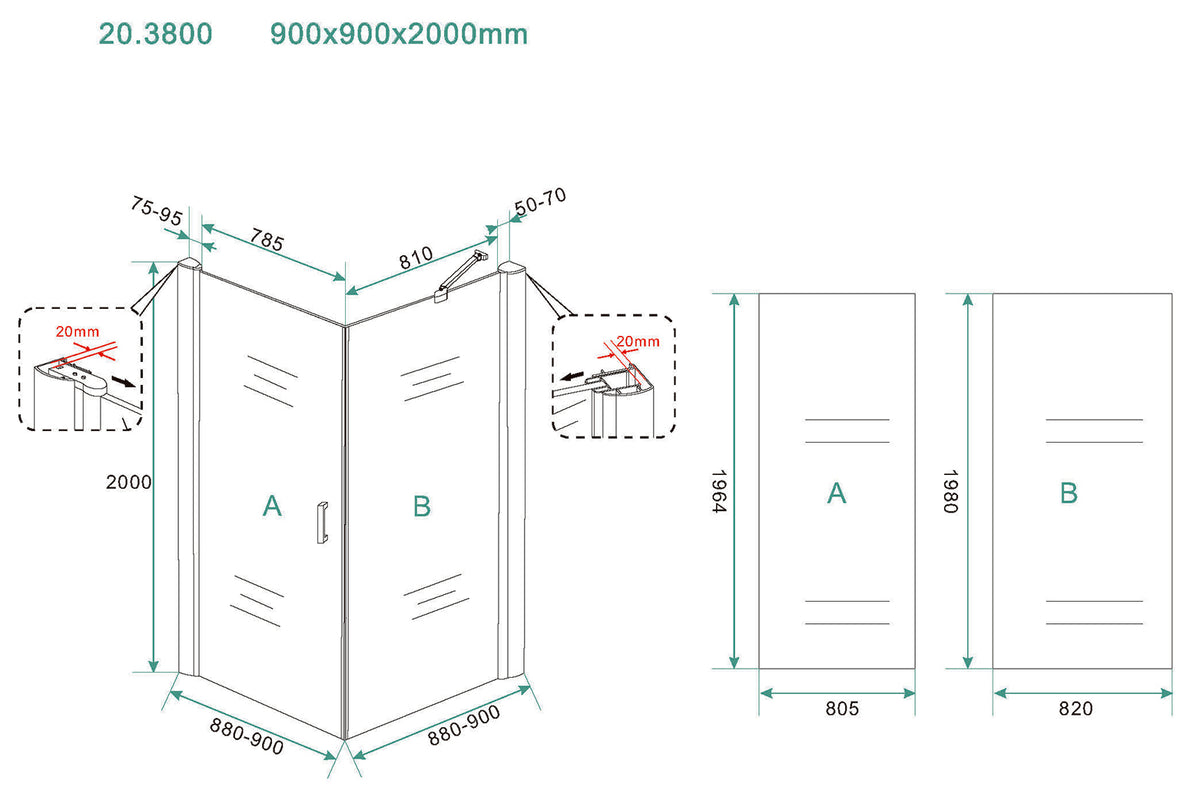 Maattekening Salone douchecabine met 1 draaideur 90x90x200cm 8mm Nano helder glas Mat zwart