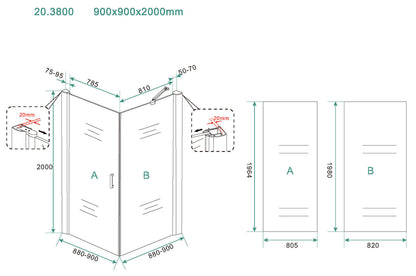 Maattekening Salone douchecabine met 1 draaideur 90x90x200cm 8mm Nano helder glas Mat zwart