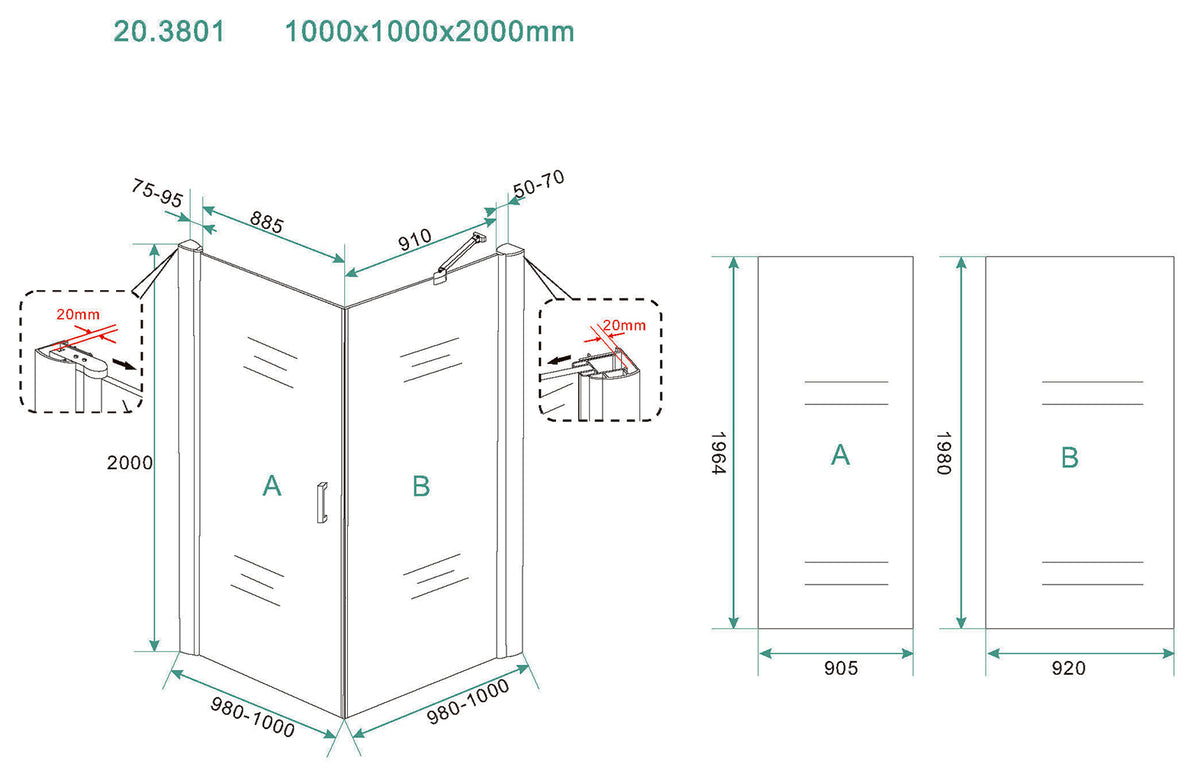 Maattekening Salone douchecabine met 1 draaideur 100x100x200cm 8mm Nano helder glas Mat zwart