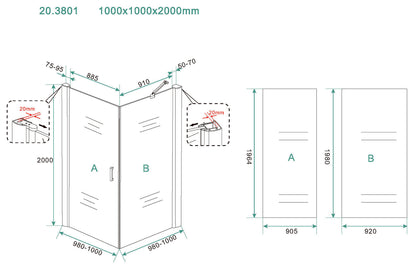 Maattekening Salone douchecabine met 1 draaideur 100x100x200cm 8mm Nano helder glas Mat zwart
