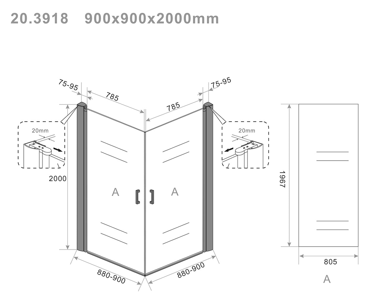 Maattekening Salone douchecabine met 2 draaideuren 90x90x200cm 8mm Nano helder glas Mat zwart