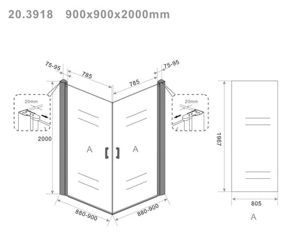 Maattekening Salone douchecabine met 2 draaideuren 90x90x200cm 8mm Nano helder glas Mat zwart