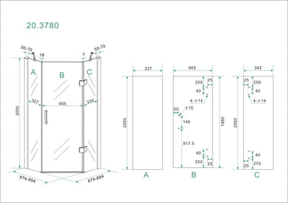 Wiesbaden 5-hoek douchecabine 8mm NANO 900x900x2000 - WDtegels