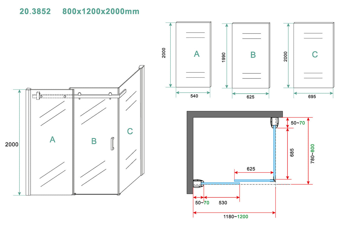Maattekening Pared douchecabine met 1 schuifdeur 120x80x200cm 8mm Nano helder glas Chroom
