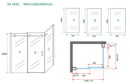 Maattekening Pared douchecabine met 1 schuifdeur 120x80x200cm 8mm Nano helder glas Chroom