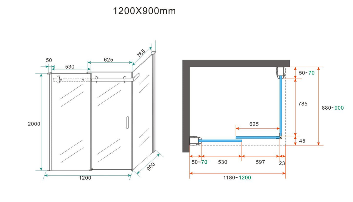 Maattekening Pared douchecabine met 1 schuifdeur 120x90x200cm 8mm Nano helder glas Chroom
