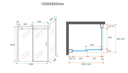 Maattekening Pared douchecabine met 1 schuifdeur 120x90x200cm 8mm Nano helder glas Chroom