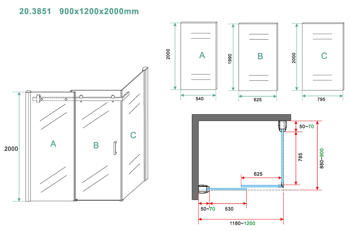 Maattekening Pared douchecabine met 1 schuifdeur 120x90x200cm 8mm Nano helder glas Chroom - tekening 2