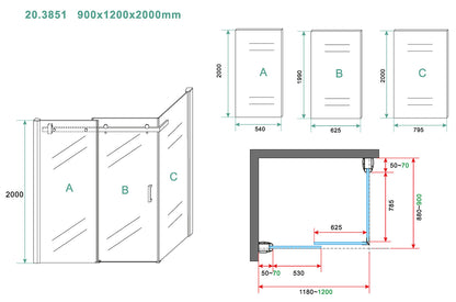 Maattekening Pared douchecabine met 1 schuifdeur 120x90x200cm 8mm Nano helder glas Chroom - tekening 2