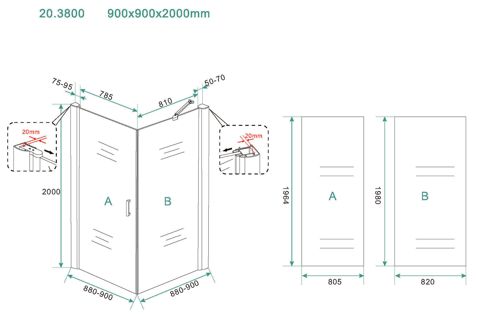 Salone douchecabine | 1 draaideur | 90x90x200cm | 8 mm nano helder glas/mat zwart - WDtegels