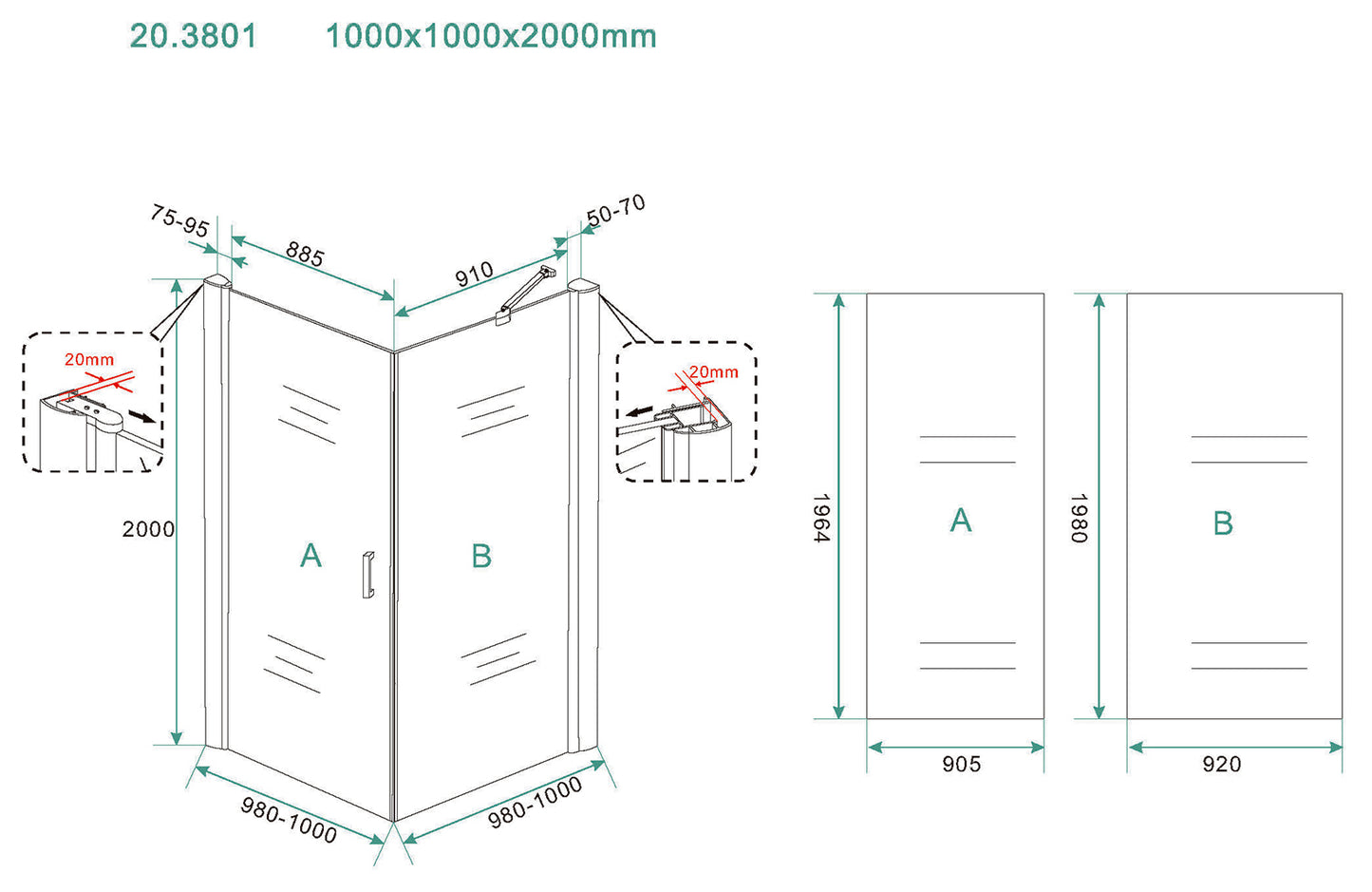 Salone douchecabine | 1 draaideur | 100x100x200cm | 8 mm nano helder glas/mat zwart - WDtegels
