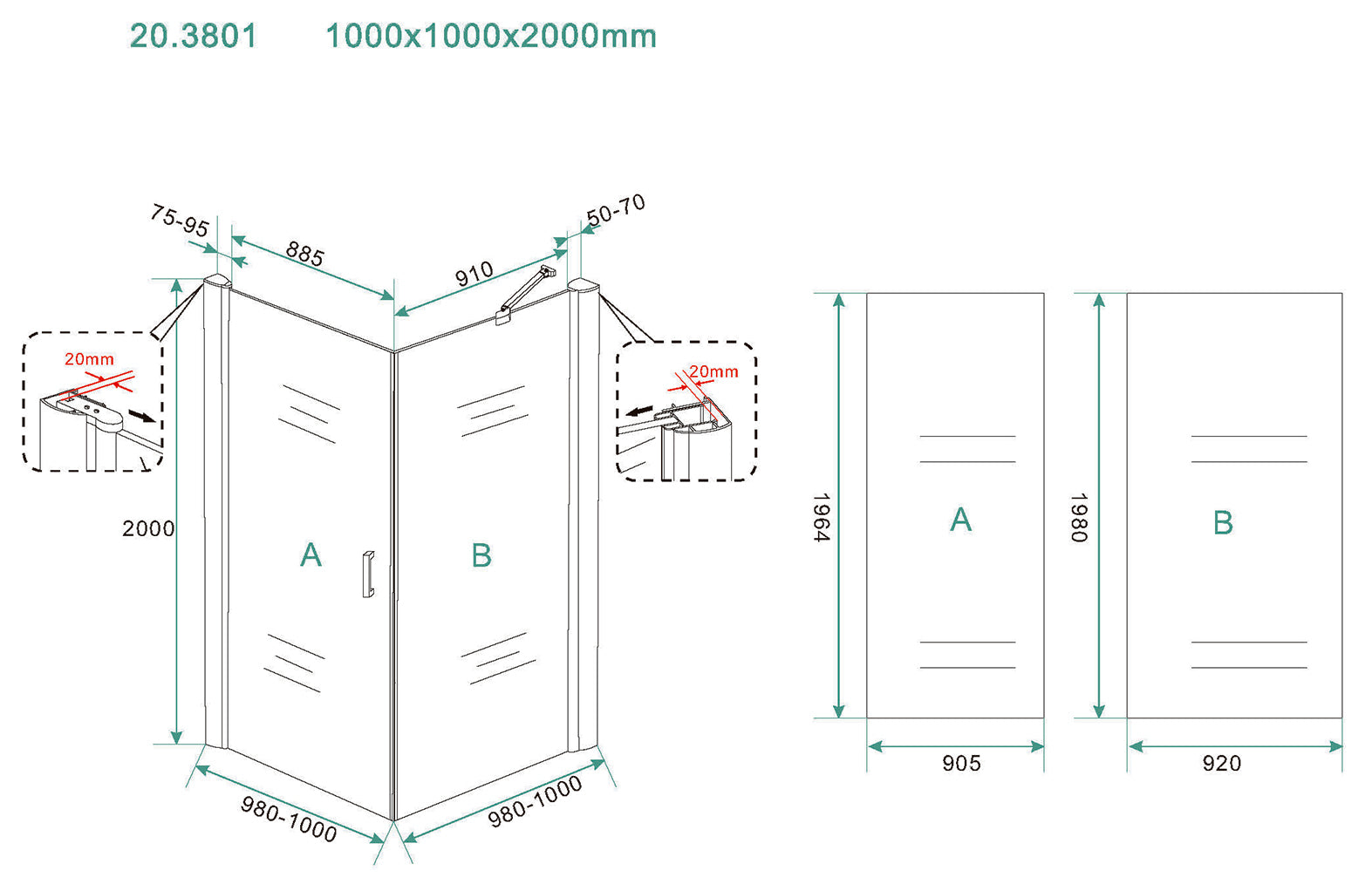 Salone douchecabine | 1 draaideur | 100x100x200cm | 8 mm nano helder glas/mat zwart - WDtegels