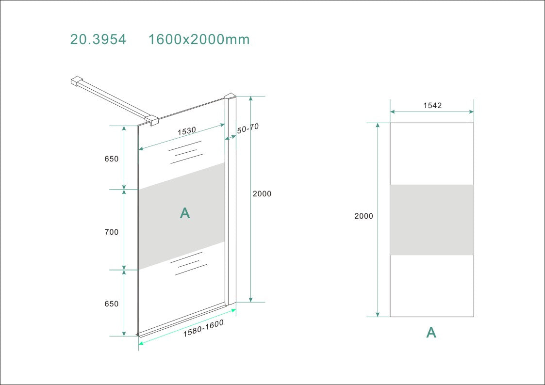 Wiesbaden Comfort inloopdouche 160x200 cm- 8mm NANO gedeeltelijk matglas - WDtegels