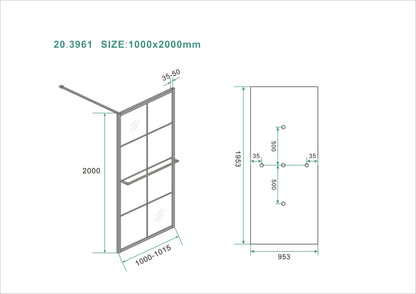 Wiesbaden Maaz inloopdouche zwart raster+handdoekhouder 100x200 cm - 10mm NANO glas