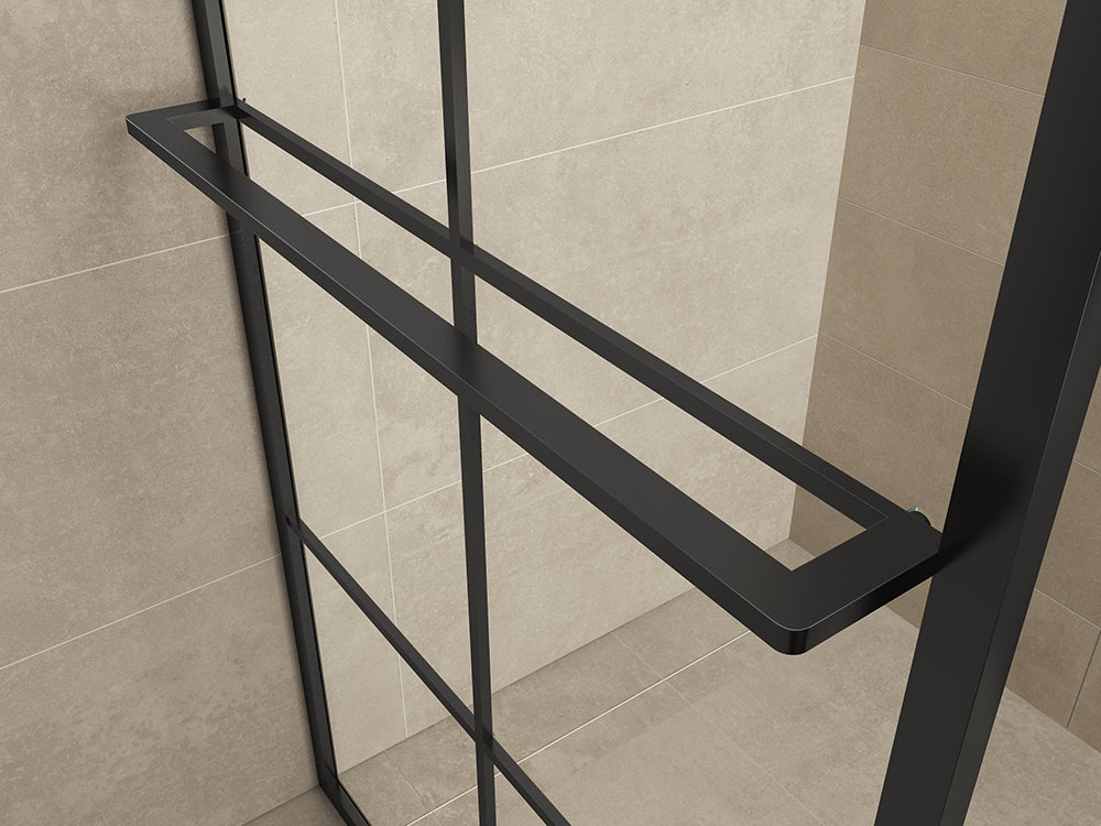 Wiesbaden Maaz inloopdouche zwart raster+handdoekhouder 120x200 cm - 10mm NANO glas - WDtegels