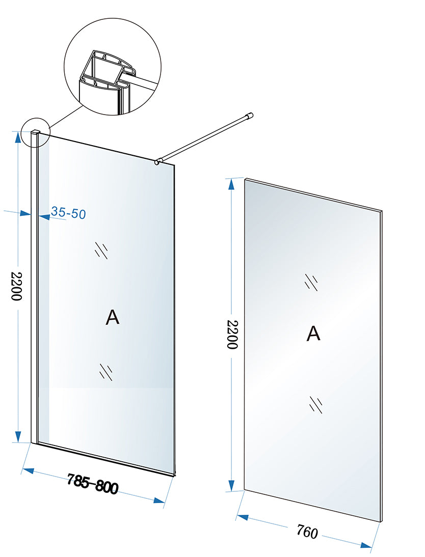 Maattekening Eco inloopdouche 80x220cm 8mm Nano helder glas Chroom
