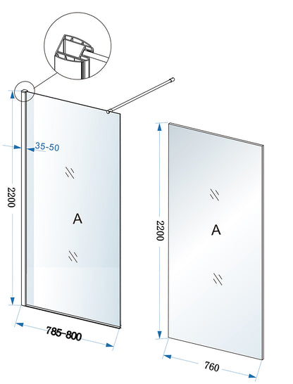 Maattekening Eco inloopdouche 80x220cm 8mm Nano helder glas Chroom