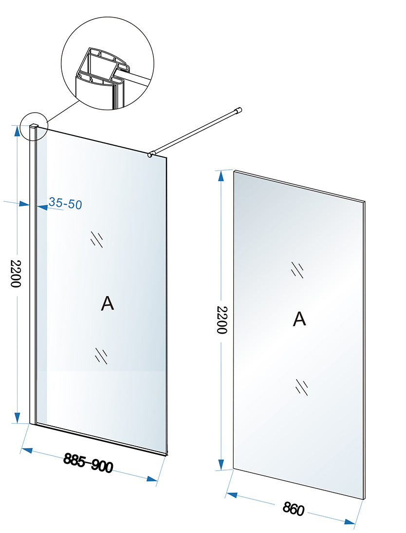 Maattekening Eco inloopdouche 90x220cm 8mm Nano helder glas Chroom