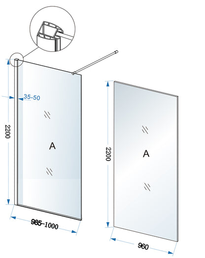 Maattekening Eco inloopdouche 100x220cm 8mm Nano helder glas Chroom