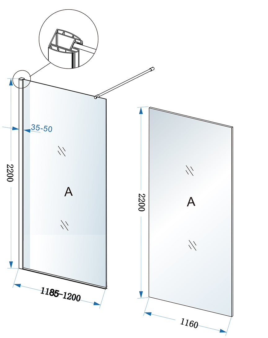 Maattekening Eco inloopdouche 120x220cm 8mm Nano helder glas Chroom