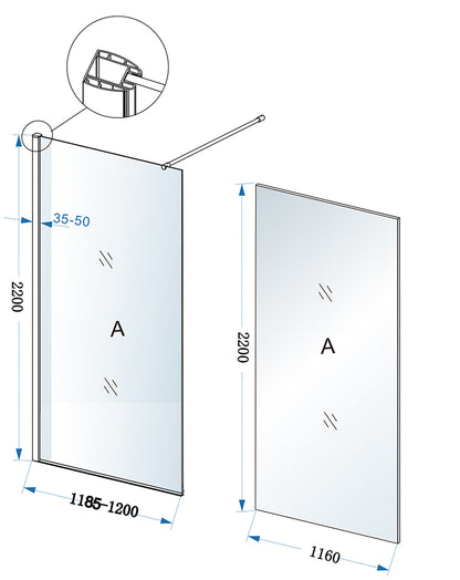 Maattekening Eco inloopdouche 120x220cm 8mm Nano helder glas Chroom