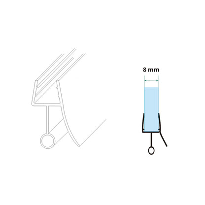 Maattekening Rubberen waterkering voor onderzijde kwartronde cabine met enkele deur