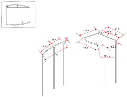 Maattekening Afwerkstrip voor muurprofiel type 1 200cm Chroom