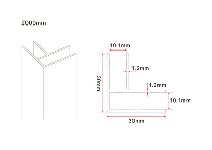 Maattekening Slim hoekprofiel 200cm x 10mm Gunmetal