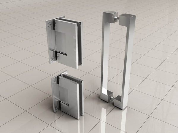 Juego de bisagras y tirador sin perfil para puerta de nicho cromada