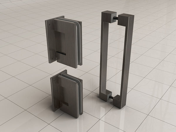 Juego de bisagras y tirador sin perfil para puerta de nicho en bronce.