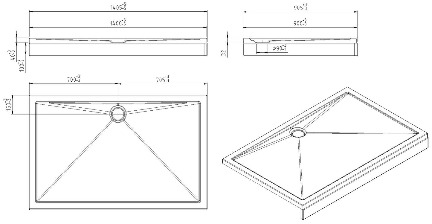 Plato de ducha Wiesbaden acrílico 140x90x4 blanco