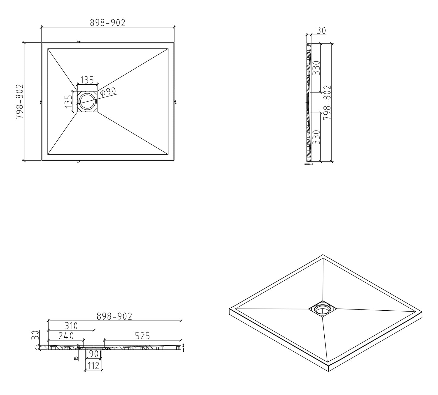 Stonea douchebak antislip composiet | 80x90x3cm | Inkortbaar | Mat wit - WDtegels