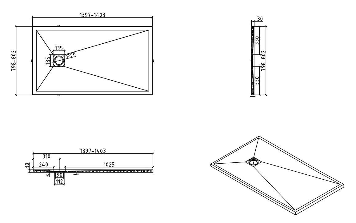 Stonea douchebak antislip composiet | 80x140x3cm | Inkortbaar | Mat wit - WDtegels