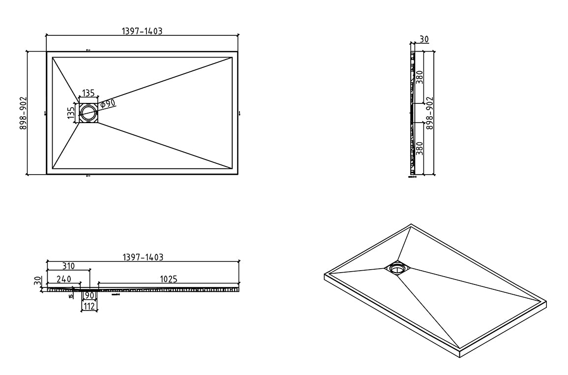 Stonea douchebak antislip composiet | 90x140x3cm | Inkortbaar | Mat wit - WDtegels