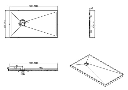 Stonea douchebak antislip composiet | 90x160x3cm | Inkortbaar | Mat wit