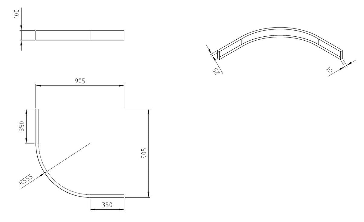 Maattekening Voorzetpaneel met poten voor kwartronde douchebak 90x90x4cm Glans wit