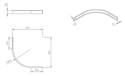 Maattekening Voorzetpaneel met poten voor kwartronde douchebak 90x90x4cm Glans wit