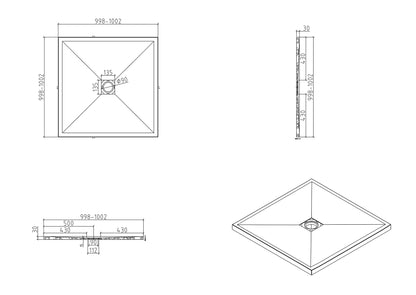 Maattekening Stonea douchebak antislip composiet 100x100x3cm Inkortbaar Beige