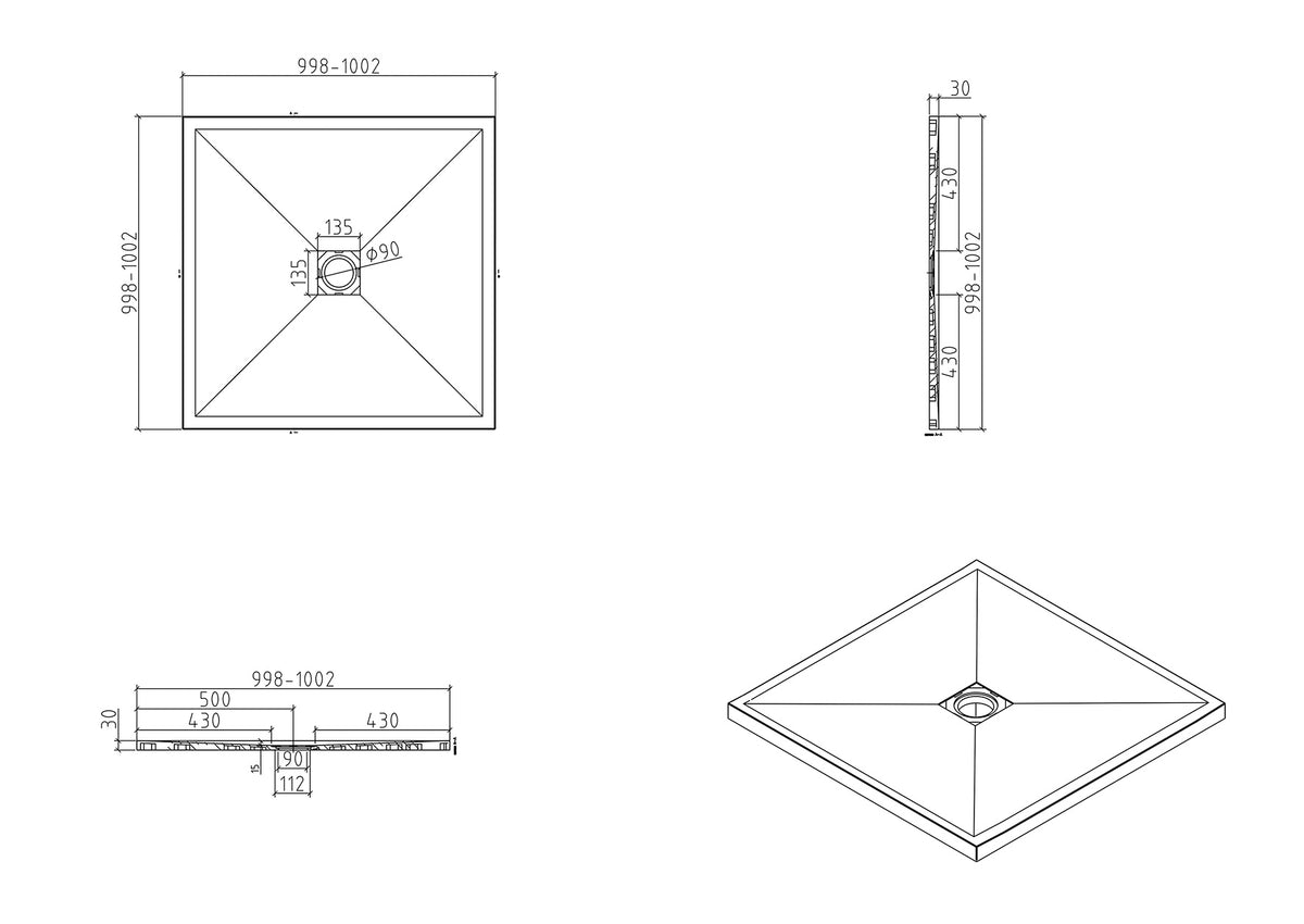 Maattekening Stonea douchebak antislip composiet 100x100x3cm Inkortbaar Mat zwart
