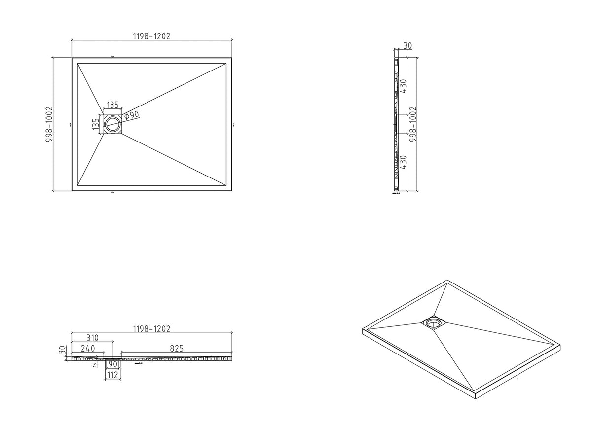 Maattekening Stonea douchebak antislip composiet 100x120x3cm Inkortbaar Mat wit