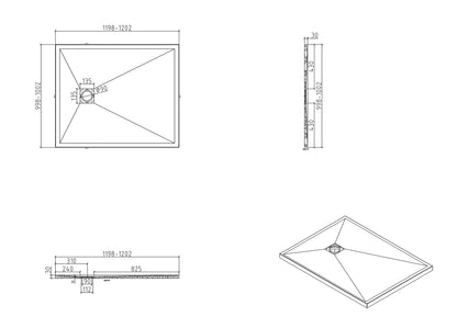 Maattekening Stonea douchebak antislip composiet 100x120x3cm Inkortbaar Mat zwart