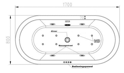 Libero freestanding whirlpool bath 170x80 cm acrylic gloss white with chrome waste