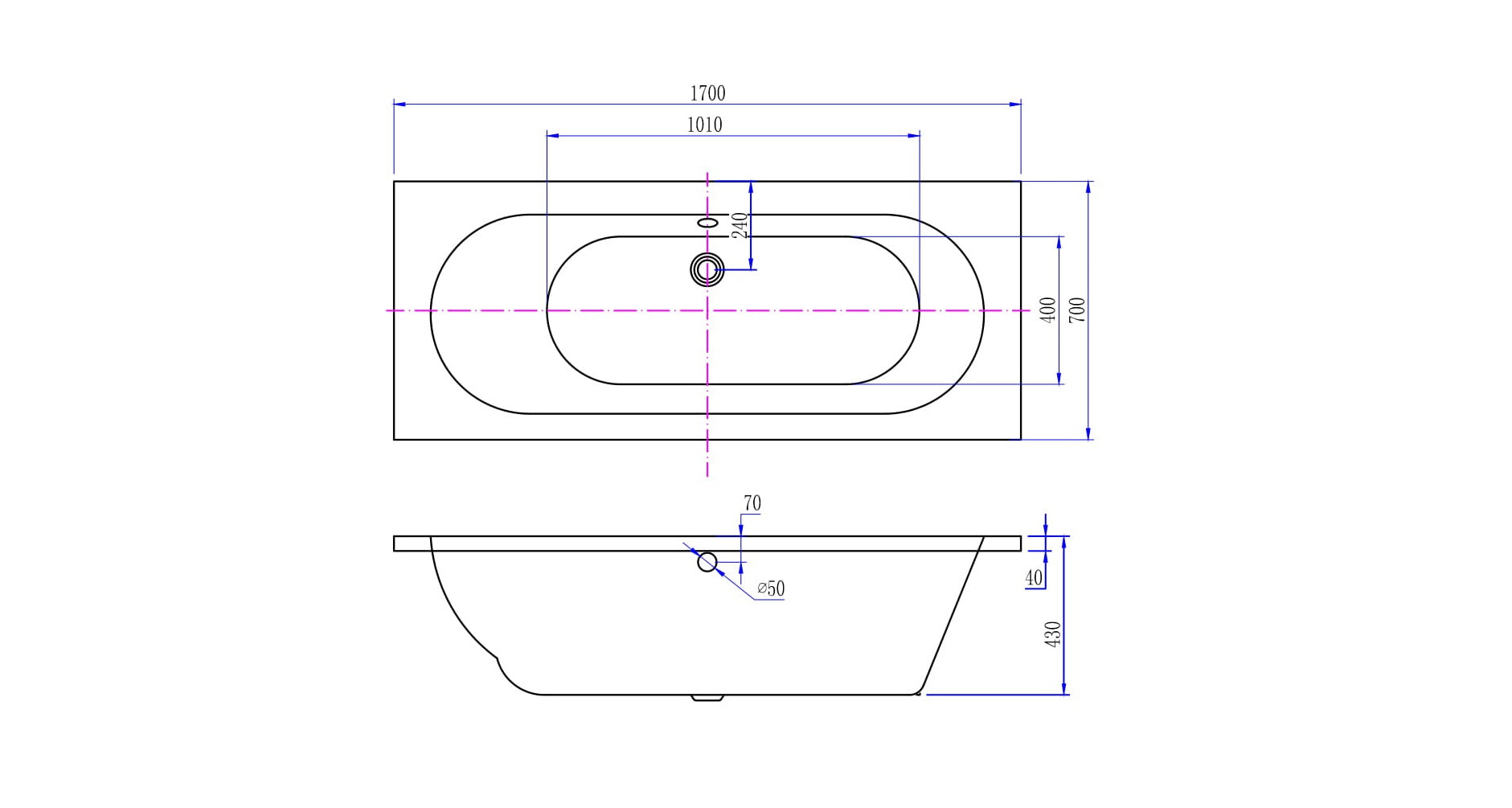 Wiesbaden Portus RD inbouw ligbad 170x70x43 cm wit - WDtegels