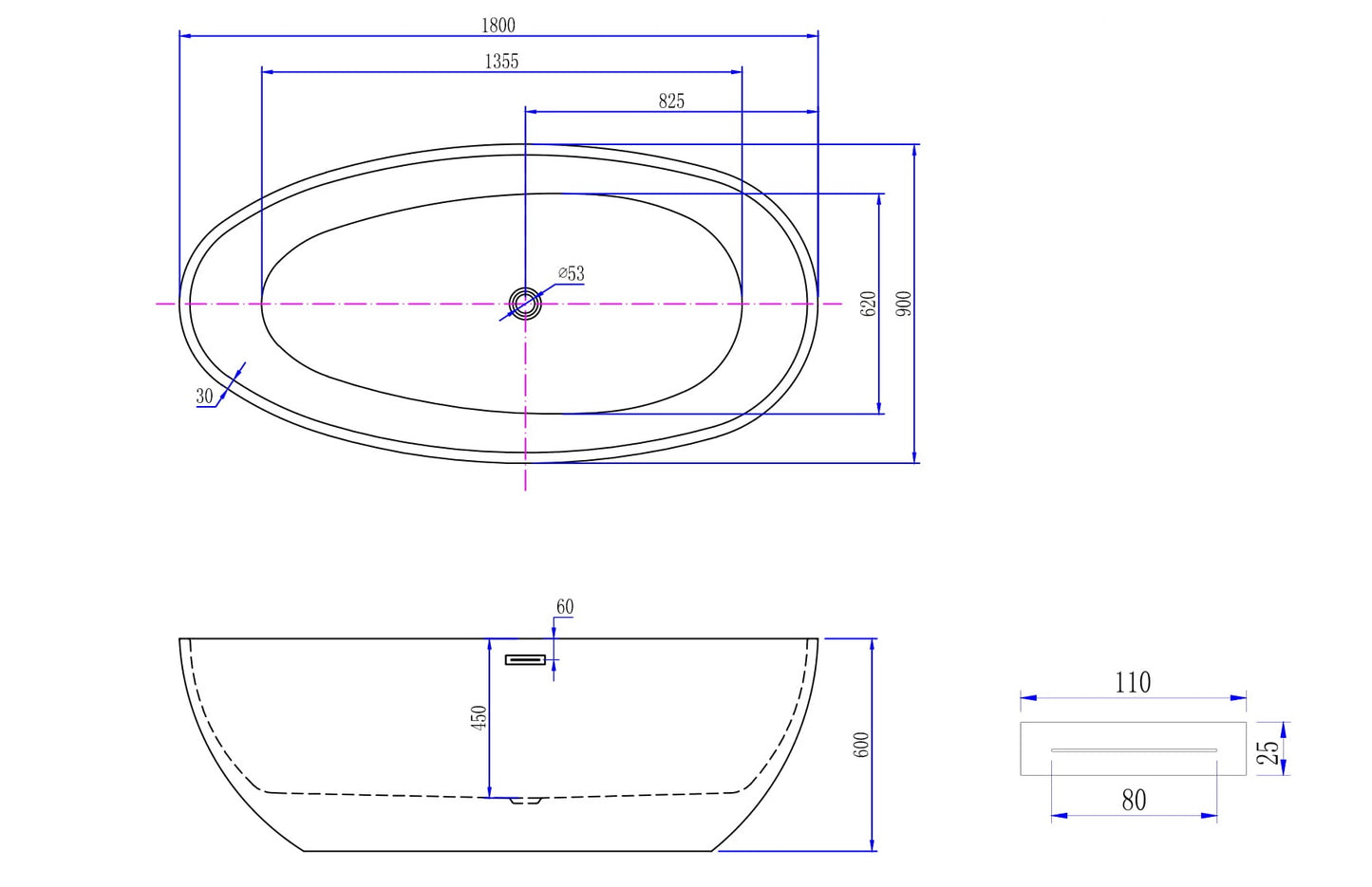 Bañera exenta acrílica Wiesbaden Ellips 180 x 90 blanca
