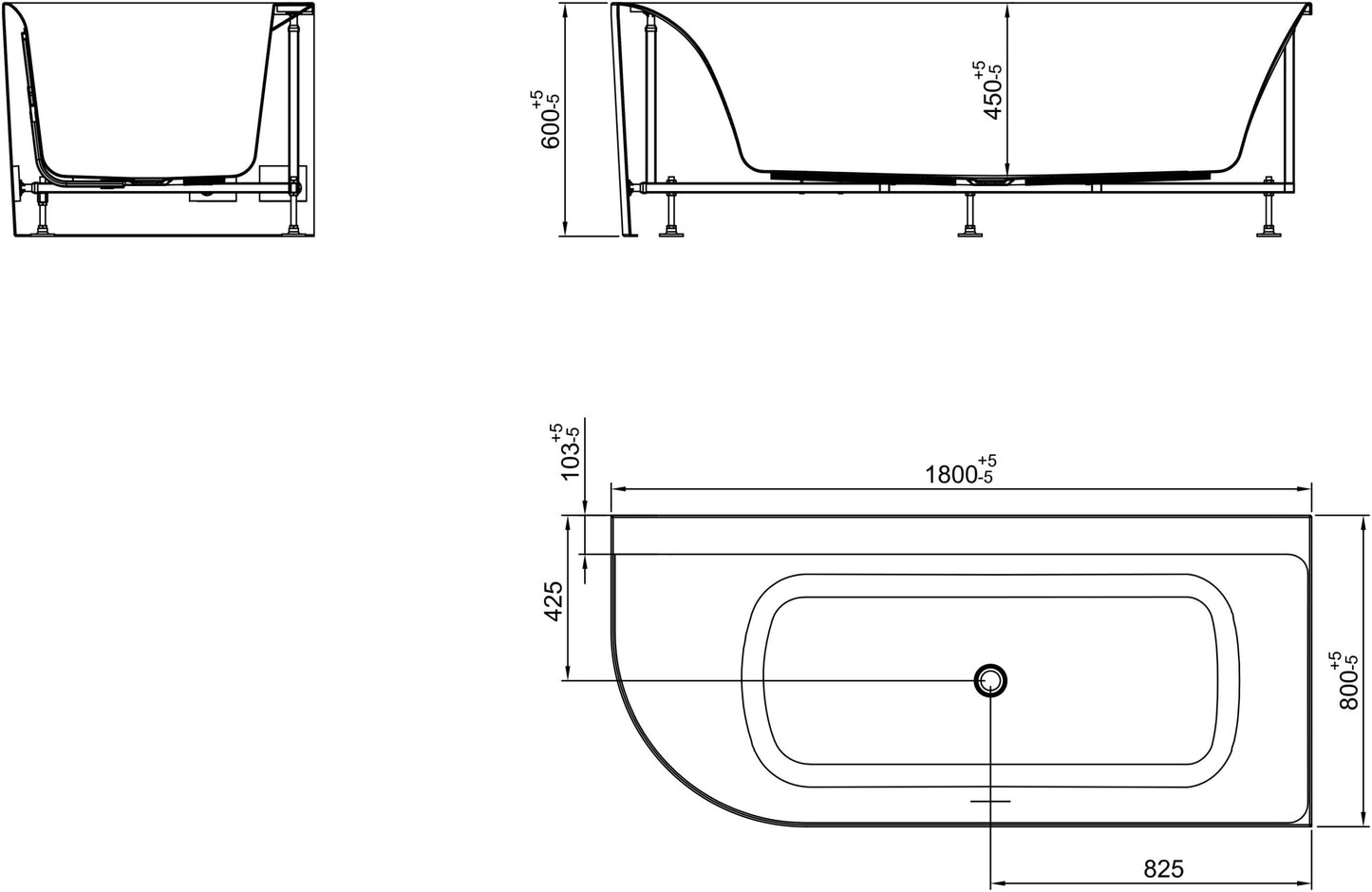 Wiesbaden Zenn hoekbad rechts 180 x 80 cm acryl glans wit met waste glans wit