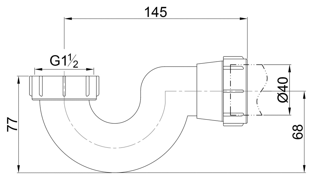 Maattekening Badsifon 1 1/2" x 40mm voor vrijstaand bad