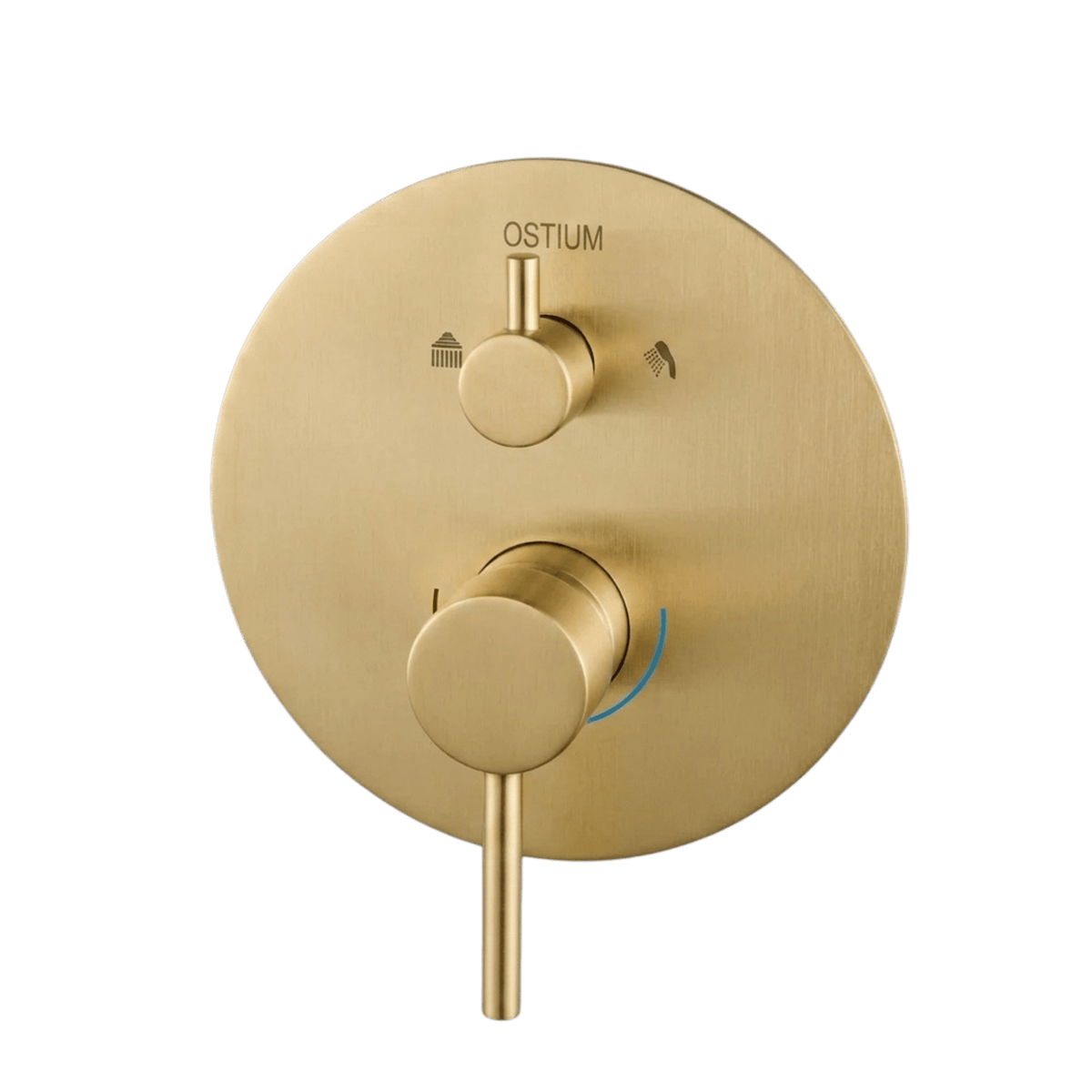 Detail van de bediening van inbouw plafondregendouche Alti in goud