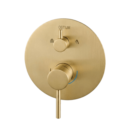 Detail van de bediening van inbouw plafondregendouche Alti in goud