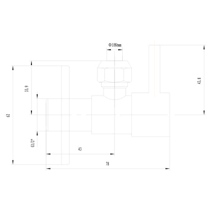 Maattekening Minimal hoekstopkraan 1/2" x 3/8" of knel 10mm Geborsteld messing PVD