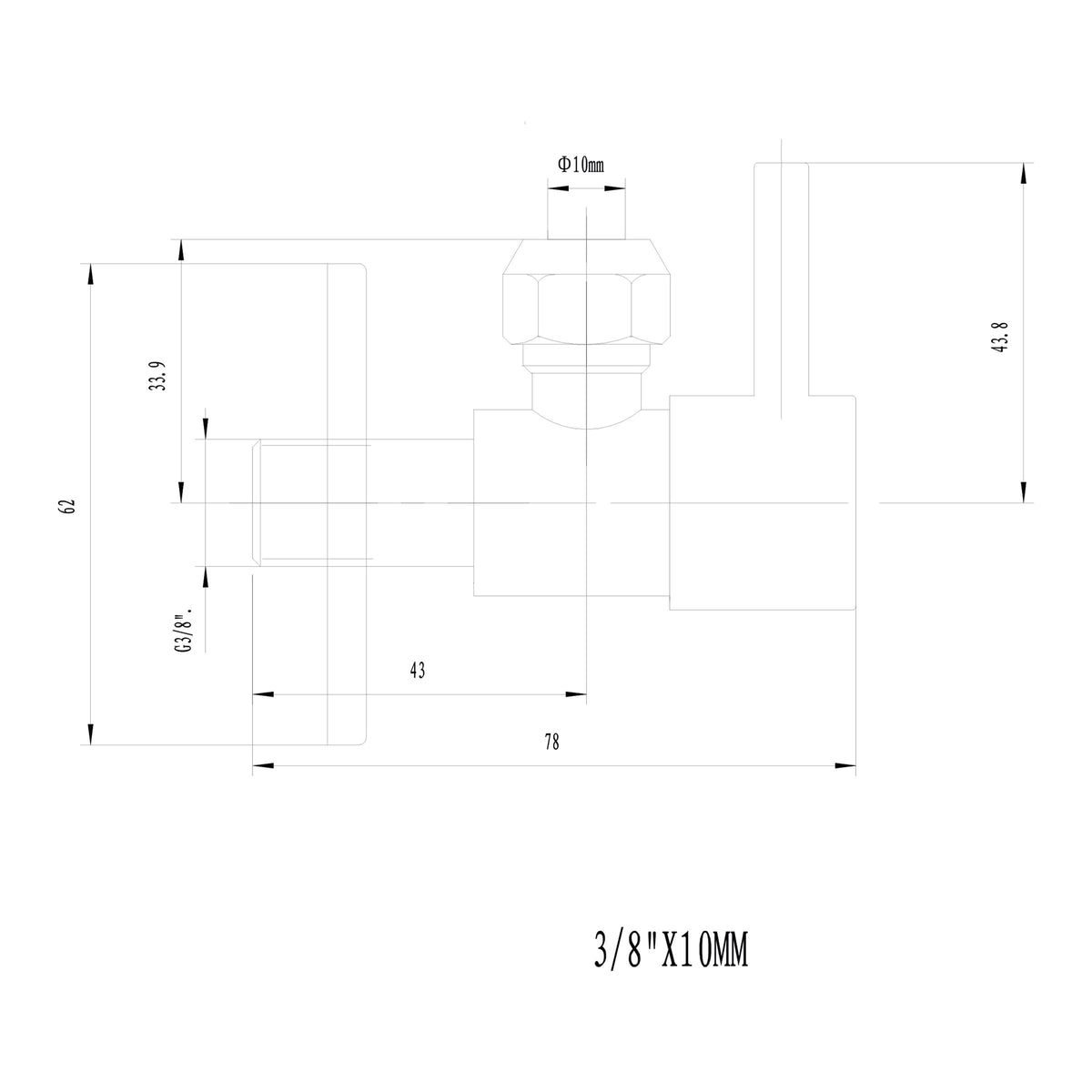 Maattekening Minimal hoekstopkraan 3/8" x 3/8" of knel 10mm Geborsteld messing PVD